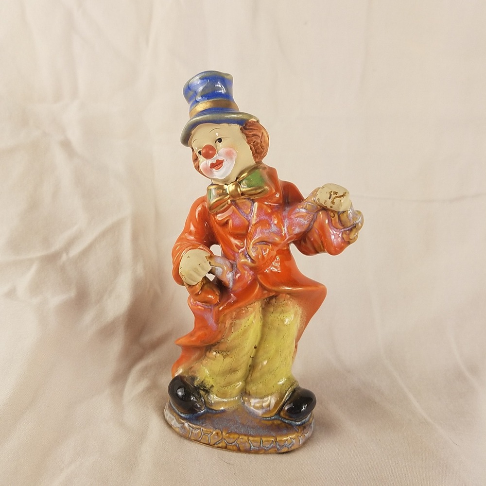 Vintage Ceramic Clown Figurine Blue Top Hat Orange Coat Hand Painted 6.75 inch